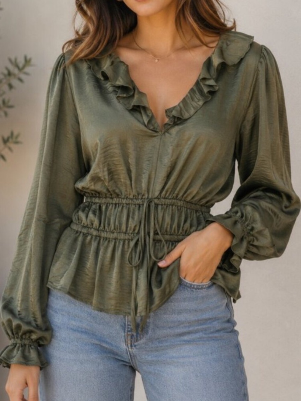 Steve Madden | Olive Satin Ruffle Tie-Waist Blouse